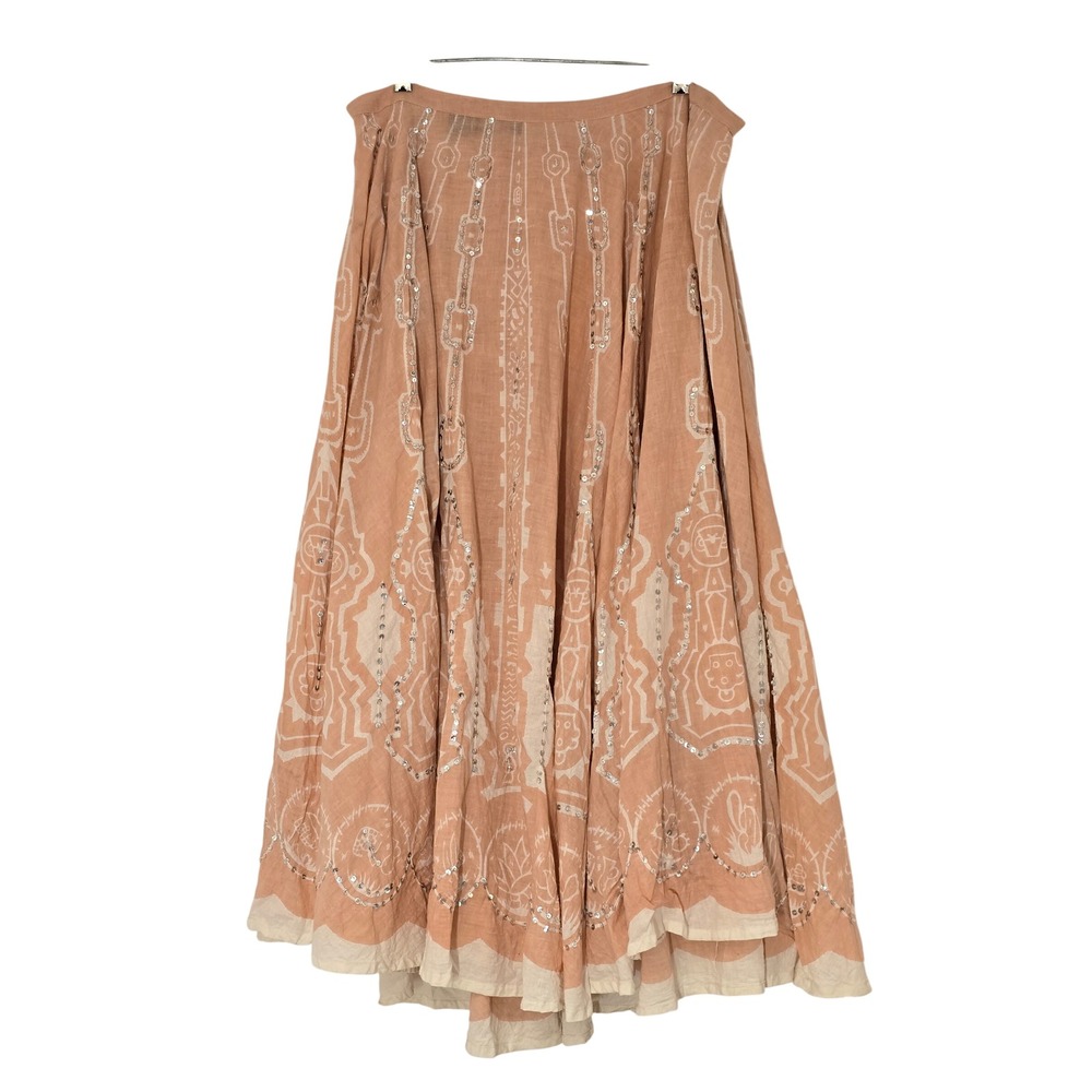 Passport Peach White Cotton Sequin Block Print Maxi Skirt Boho Scallop Hem L